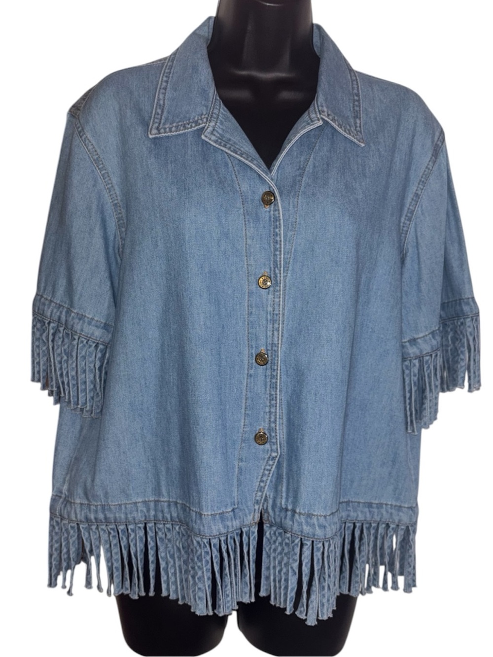 CMC Color me Cotton Boho Denim Blouse Fringe Hem Button Front Women’s Size Large